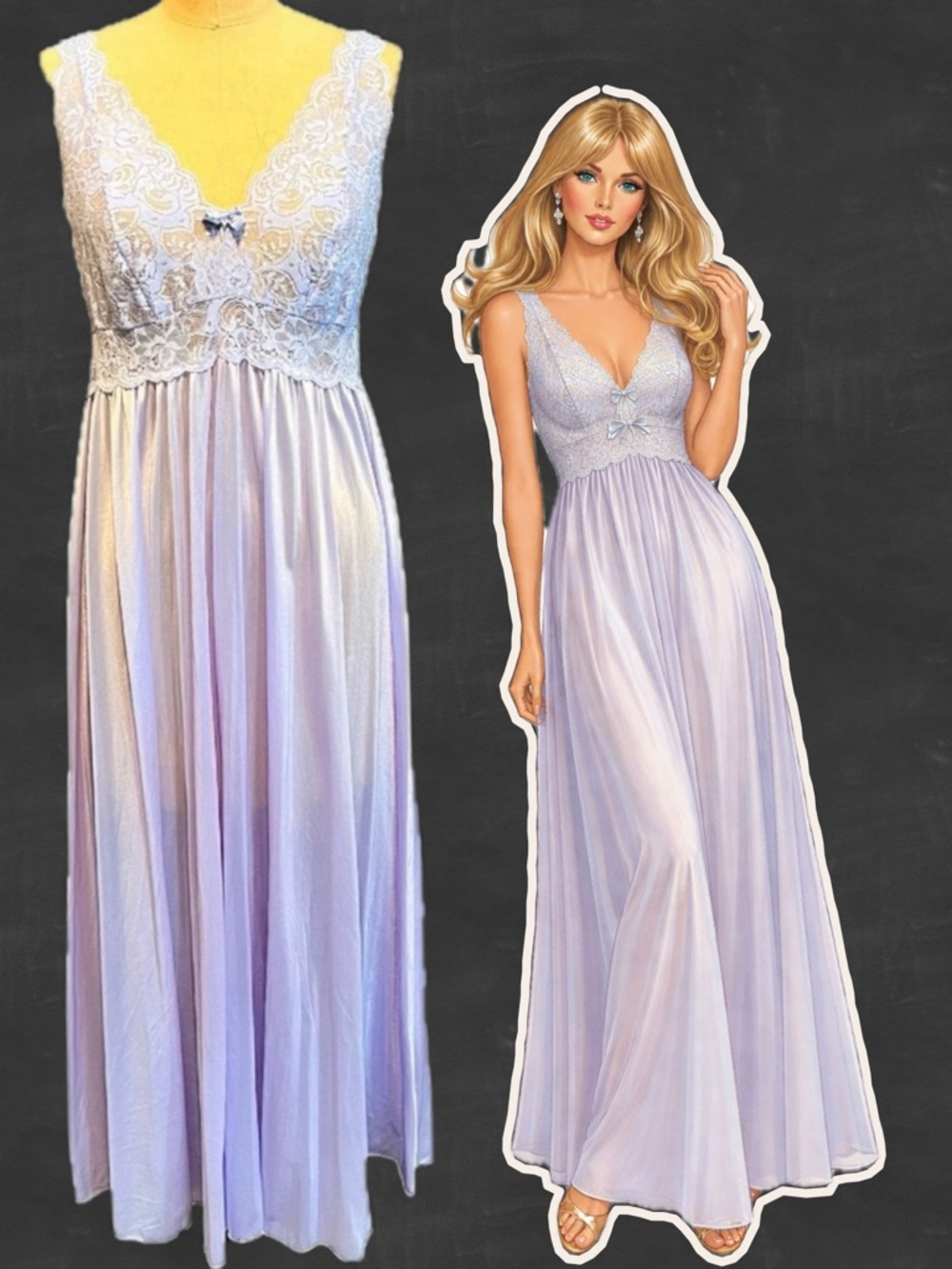 VINTAGE 80sβ icy pastel lavender silky nightgown long maxi lace elegant lingerie